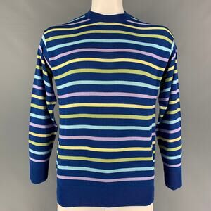 GENE MEYER Size L Blue Yellow Stripe Cotton Blend Crew-Neck Pullover